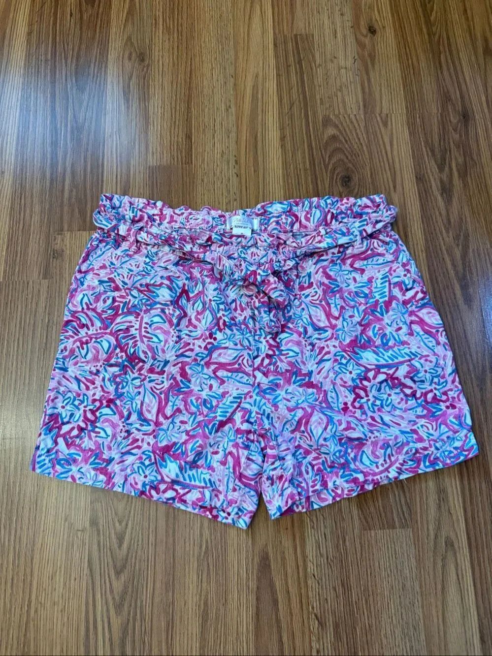 Stella Parker Women's Floral Tie Waist Linen Blend Shorts Pink Teal Size Medium